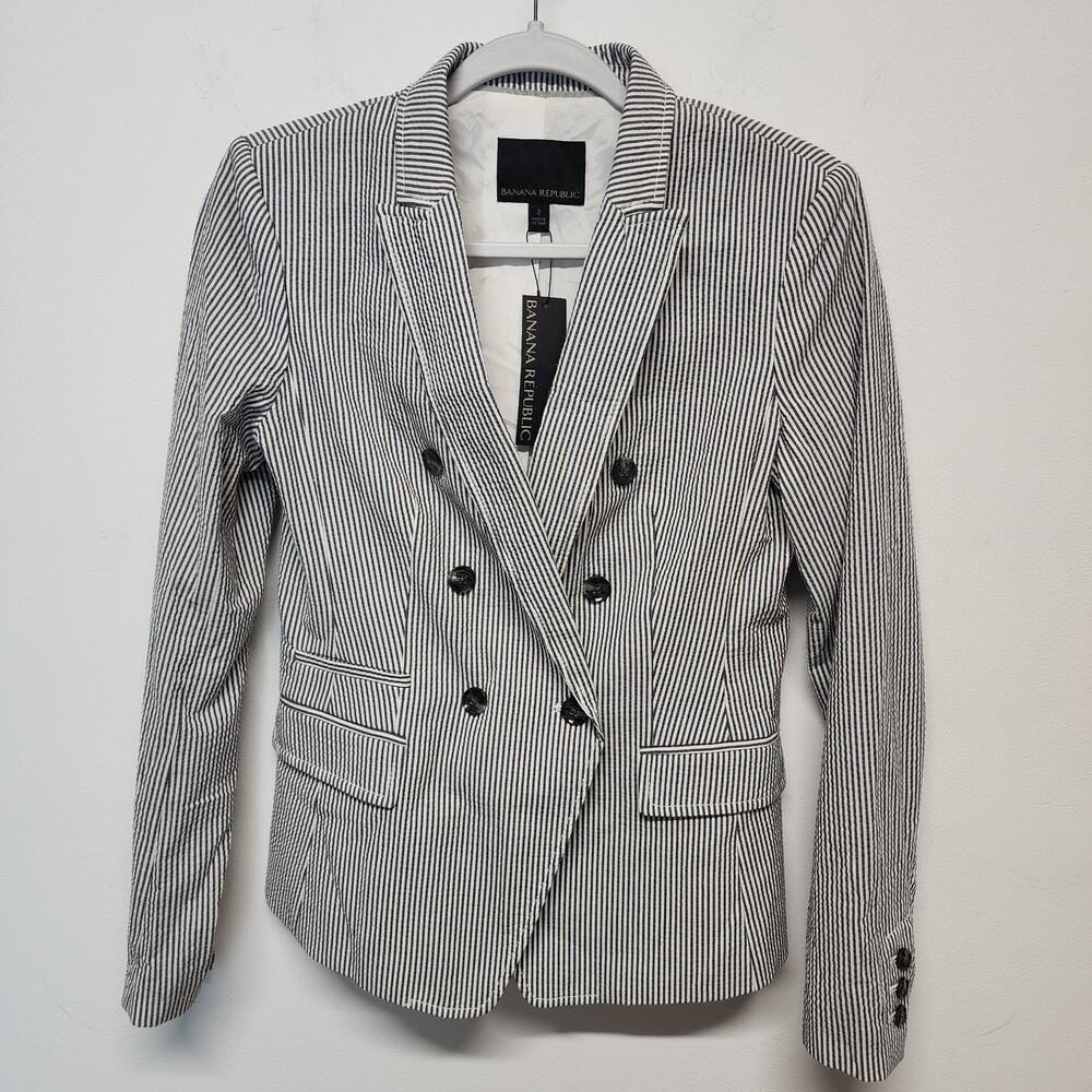Banana Republic Seersucker Blazer Size 2 Derby Jacket Grey Coastal Preppy Chic